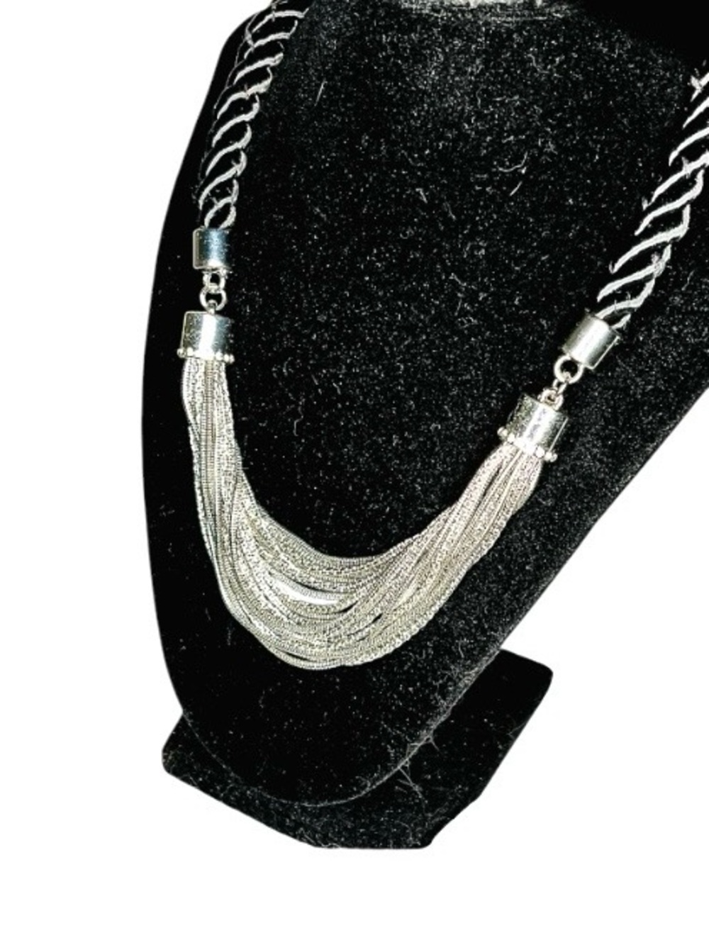 Vintage Layered Silver Chain and Black Rope Statement Necklace